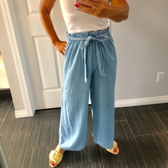 Angela Mara Lyocell denim blue paperbag tie up waist pants size xs - Picture 2 of 10